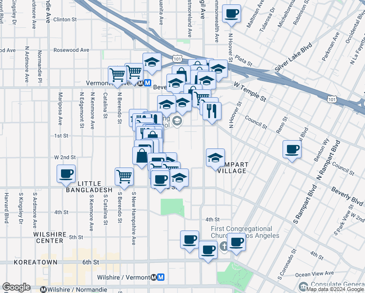 map of restaurants, bars, coffee shops, grocery stores, and more near 129 South Westmoreland Avenue in Los Angeles