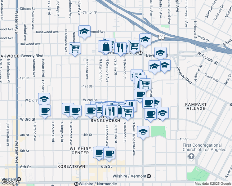 map of restaurants, bars, coffee shops, grocery stores, and more near 103 South Catalina Street in Los Angeles