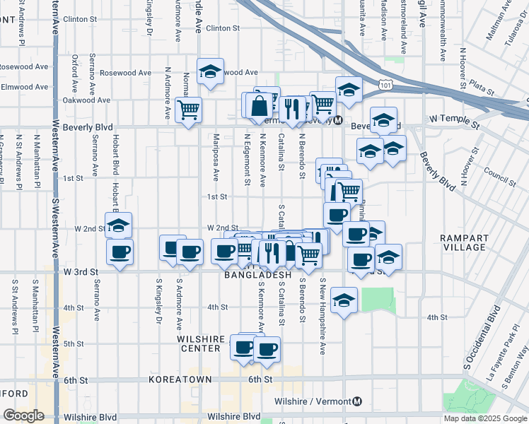 map of restaurants, bars, coffee shops, grocery stores, and more near 103 South Catalina Street in Los Angeles