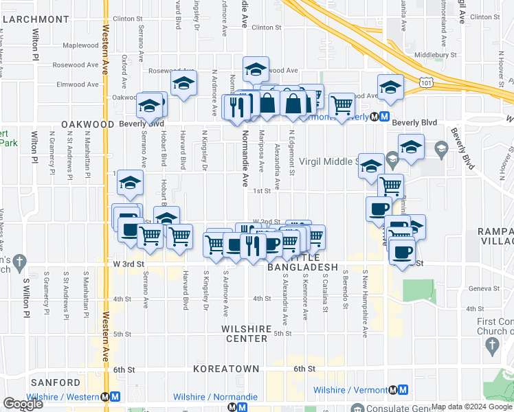 map of restaurants, bars, coffee shops, grocery stores, and more near 110 South Mariposa Avenue in Los Angeles