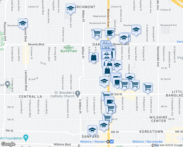 map of restaurants, bars, coffee shops, grocery stores, and more near 121 South Gramercy Place in Los Angeles