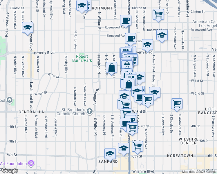 map of restaurants, bars, coffee shops, grocery stores, and more near 121 South Gramercy Place in Los Angeles