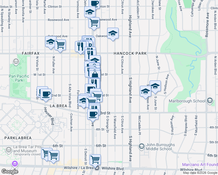 map of restaurants, bars, coffee shops, grocery stores, and more near 135 South Mansfield Avenue in Los Angeles