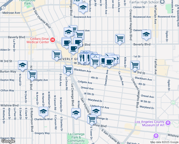 map of restaurants, bars, coffee shops, grocery stores, and more near 8423 Blackburn Avenue in Los Angeles