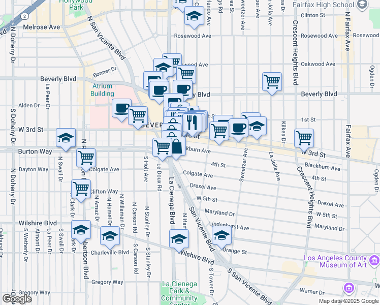 map of restaurants, bars, coffee shops, grocery stores, and more near 8461 Blackburn Avenue in Los Angeles