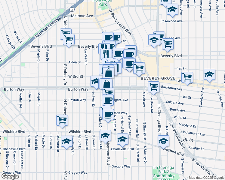 map of restaurants, bars, coffee shops, grocery stores, and more near 8757 Burton Way in West Hollywood