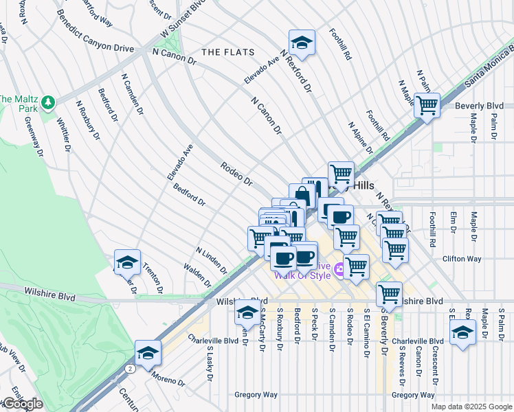map of restaurants, bars, coffee shops, grocery stores, and more near 521 North Rodeo Drive in Beverly Hills