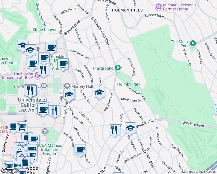 map of restaurants, bars, coffee shops, grocery stores, and more near 539 South Beverly Glen Boulevard in Los Angeles