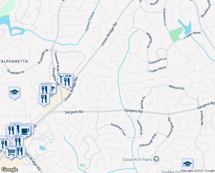 map of restaurants, bars, coffee shops, grocery stores, and more near 11935 Lexington Woods Drive in Alpharetta
