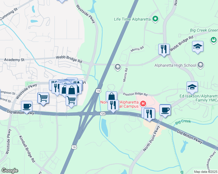 map of restaurants, bars, coffee shops, grocery stores, and more near 38 Country Place Court in Alpharetta