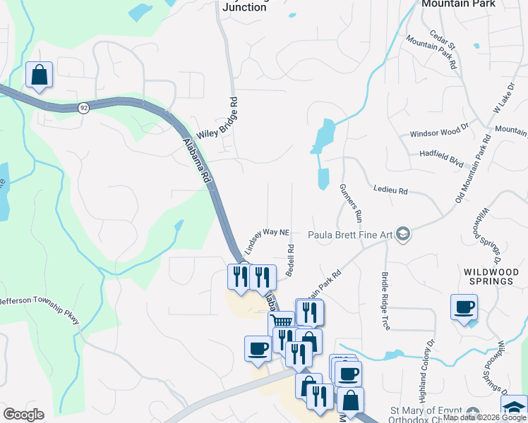 map of restaurants, bars, coffee shops, grocery stores, and more near 5055 Fitts Drive in Roswell