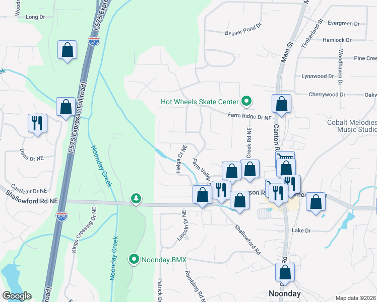 map of restaurants, bars, coffee shops, grocery stores, and more near 5014 Helga Court Northeast in Woodstock