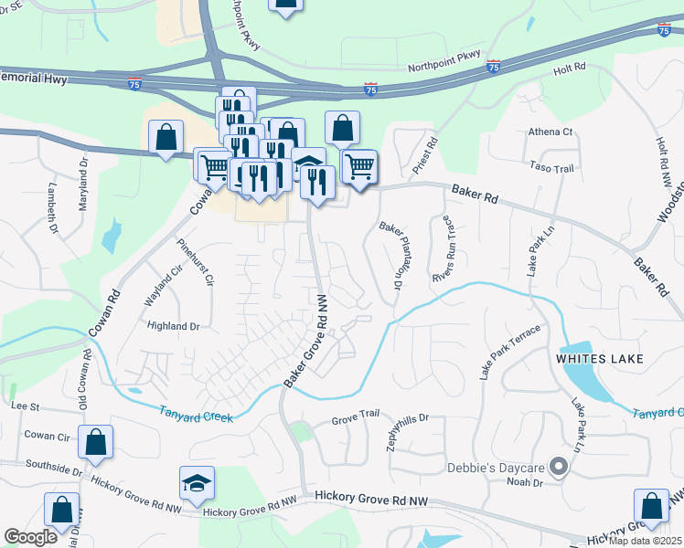 map of restaurants, bars, coffee shops, grocery stores, and more near 4801 Baker Grove Road in Acworth