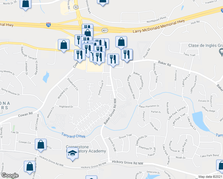 map of restaurants, bars, coffee shops, grocery stores, and more near 900 Westridge Drive in Acworth