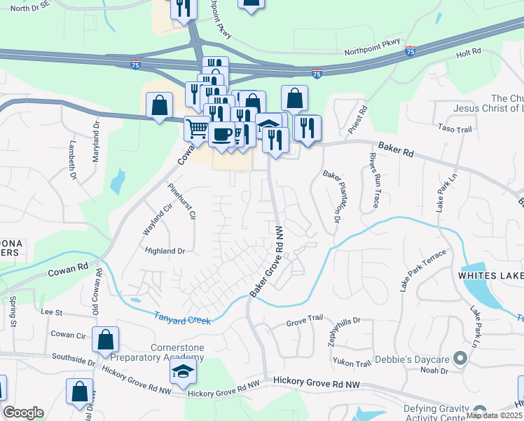 map of restaurants, bars, coffee shops, grocery stores, and more near 900 Westridge Drive in Acworth