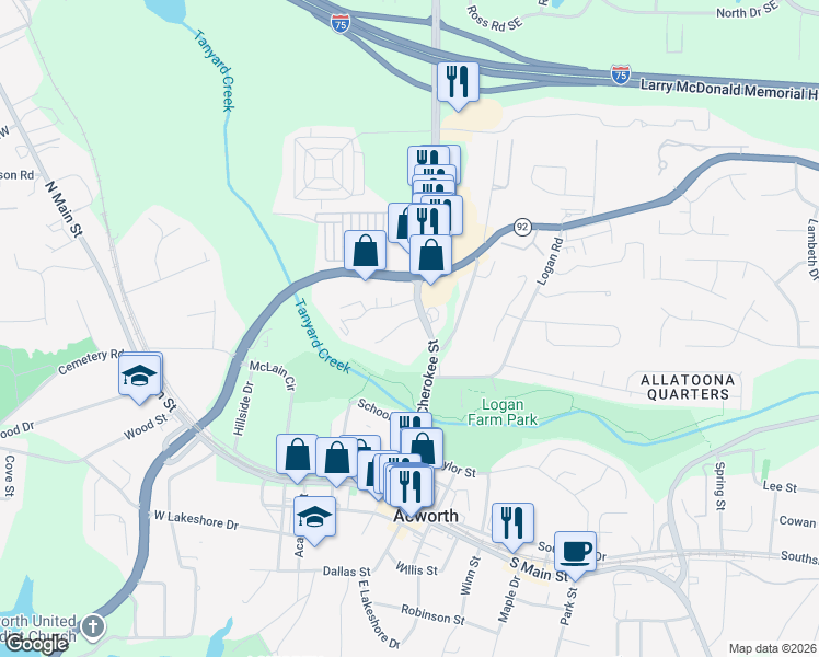 map of restaurants, bars, coffee shops, grocery stores, and more near 5048 Jenny Drive in Acworth