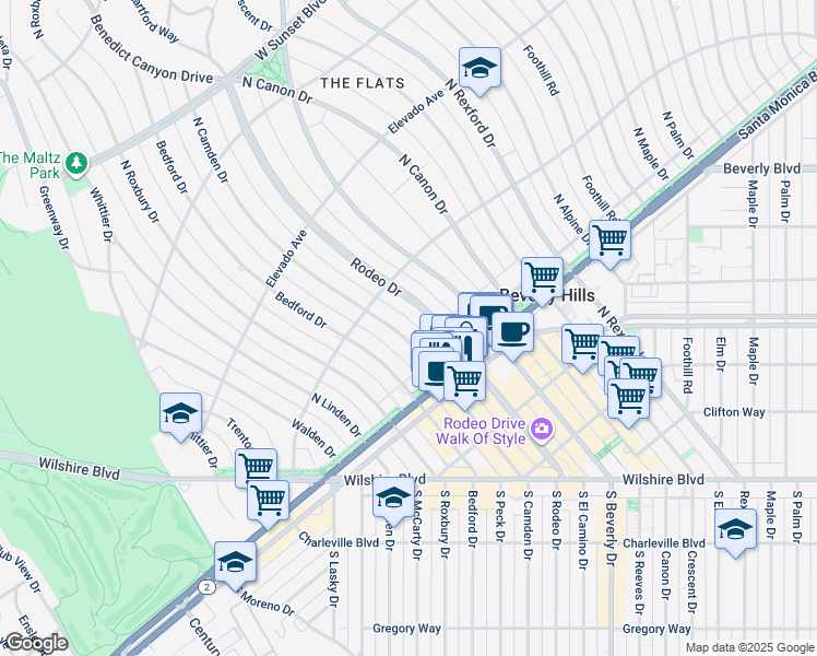 map of restaurants, bars, coffee shops, grocery stores, and more near 521 North Rodeo Drive in Beverly Hills
