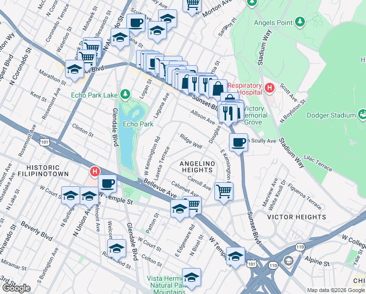 map of restaurants, bars, coffee shops, grocery stores, and more near 1447 Wallace Avenue in Los Angeles