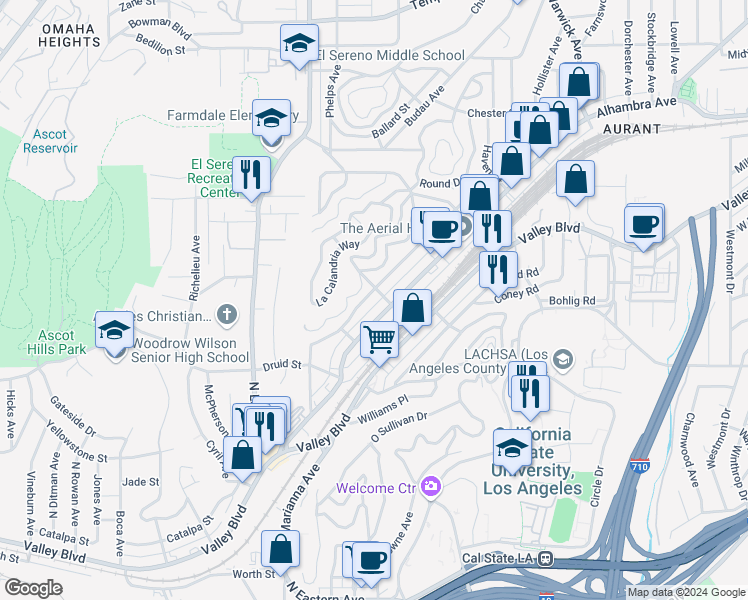 map of restaurants, bars, coffee shops, grocery stores, and more near 5102 Ithaca Avenue in Los Angeles