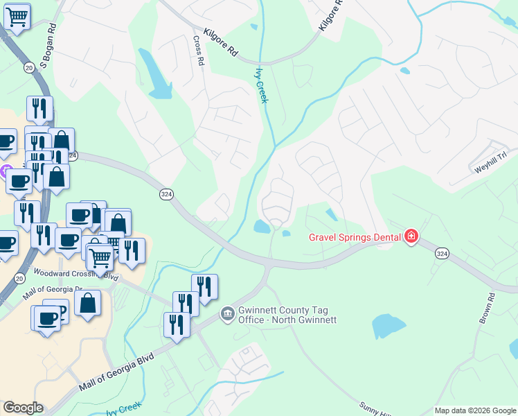 map of restaurants, bars, coffee shops, grocery stores, and more near 3042 Cedar Glade Lane Northeast in Buford
