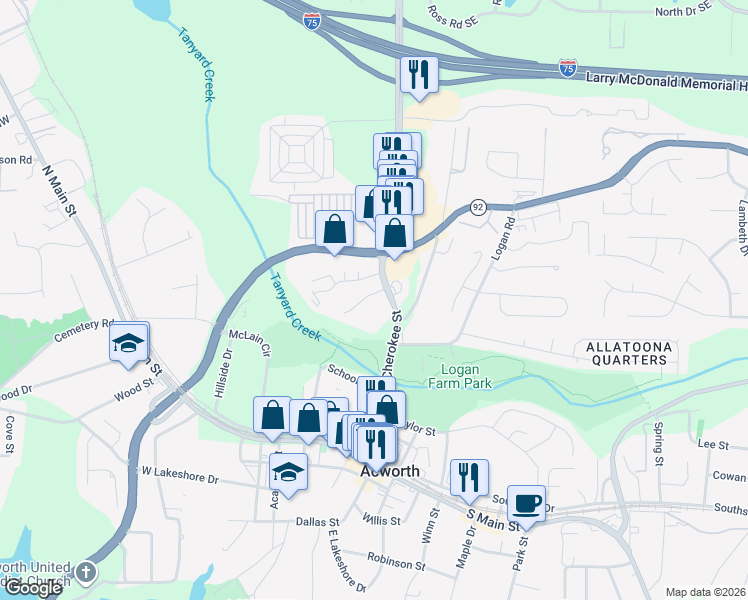 map of restaurants, bars, coffee shops, grocery stores, and more near 5048 Jenny Dr in Acworth