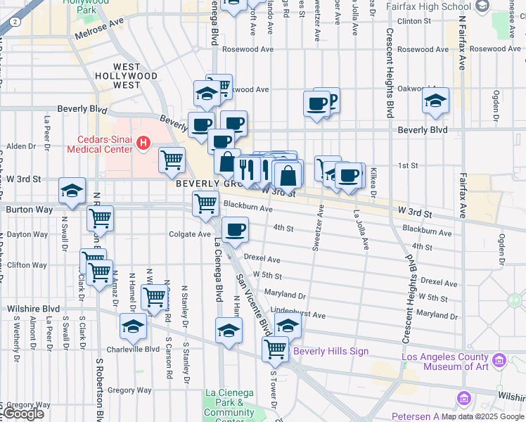 map of restaurants, bars, coffee shops, grocery stores, and more near 8406 Blackburn Avenue in Los Angeles