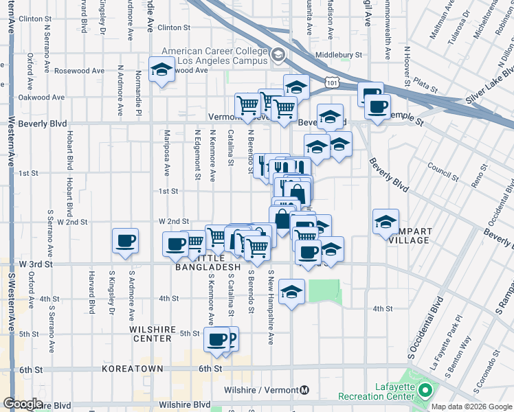 map of restaurants, bars, coffee shops, grocery stores, and more near 3736-3748 West 1st Street in Los Angeles