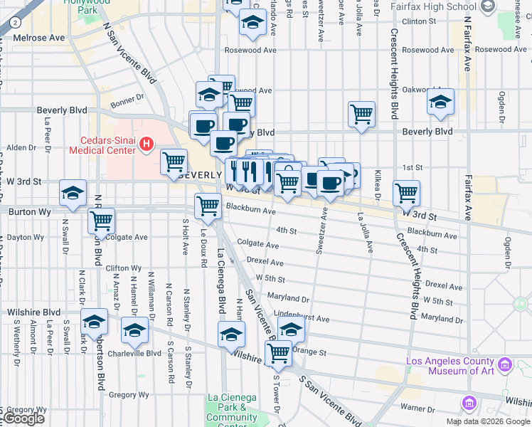 map of restaurants, bars, coffee shops, grocery stores, and more near 8406 Blackburn Avenue in Los Angeles