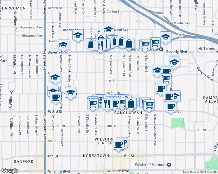 map of restaurants, bars, coffee shops, grocery stores, and more near 110 South Mariposa Avenue in Los Angeles