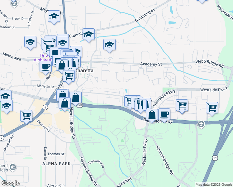 map of restaurants, bars, coffee shops, grocery stores, and more near 184 Thompson Street in Alpharetta