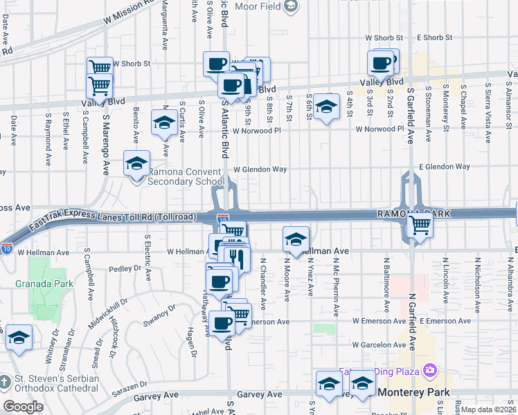map of restaurants, bars, coffee shops, grocery stores, and more near 1842 South 9th Street in Alhambra
