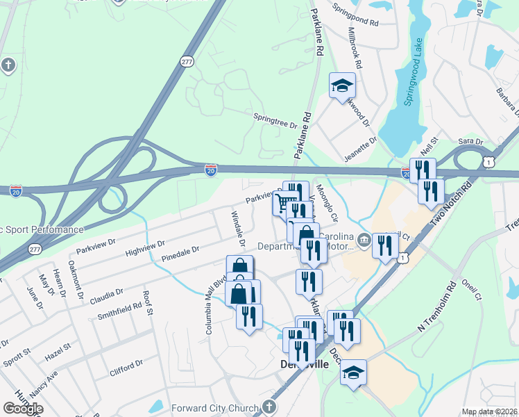 map of restaurants, bars, coffee shops, grocery stores, and more near 7642 Parkview Drive in Columbia