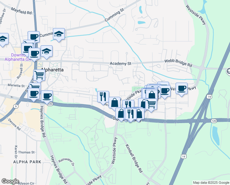 map of restaurants, bars, coffee shops, grocery stores, and more near 35 Burnett Circle in Alpharetta
