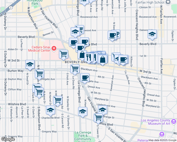 map of restaurants, bars, coffee shops, grocery stores, and more near 8423 Blackburn Avenue in Los Angeles