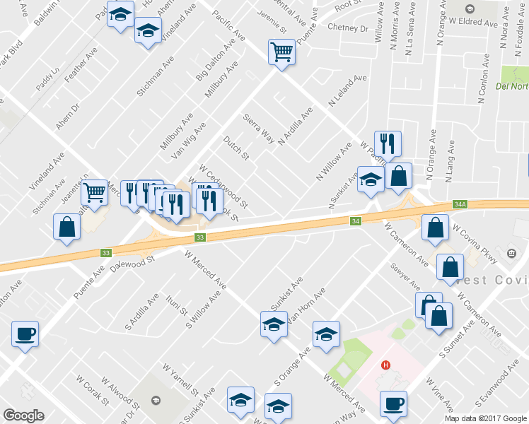 map of restaurants, bars, coffee shops, grocery stores, and more near 2233 West Havenbrook Street in West Covina