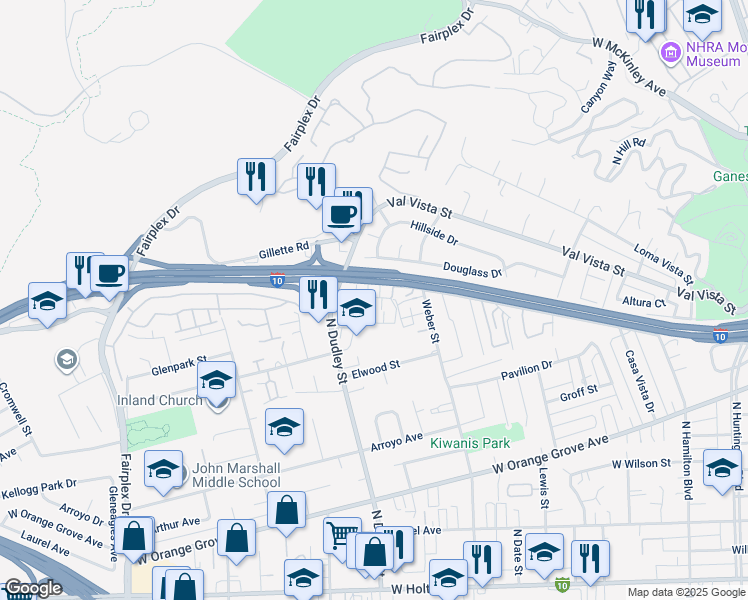 map of restaurants, bars, coffee shops, grocery stores, and more near 1446 Stratus Drive in Pomona