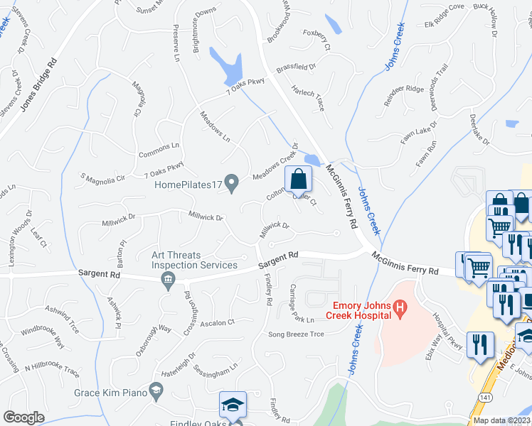 map of restaurants, bars, coffee shops, grocery stores, and more near 115 Colton Crest Drive in Alpharetta