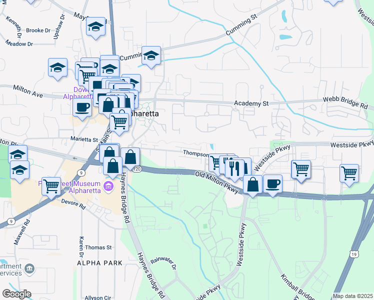 map of restaurants, bars, coffee shops, grocery stores, and more near 375 Banbury Crossing in Alpharetta