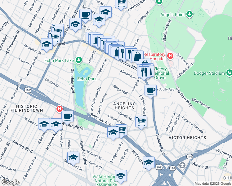 map of restaurants, bars, coffee shops, grocery stores, and more near 1447 Wallace Avenue in Los Angeles