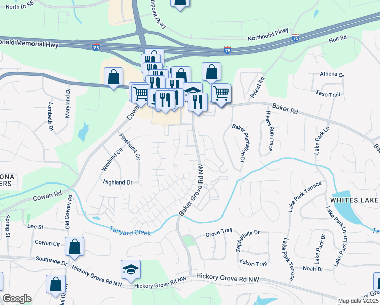 map of restaurants, bars, coffee shops, grocery stores, and more near 900 Westridge Drive in Acworth