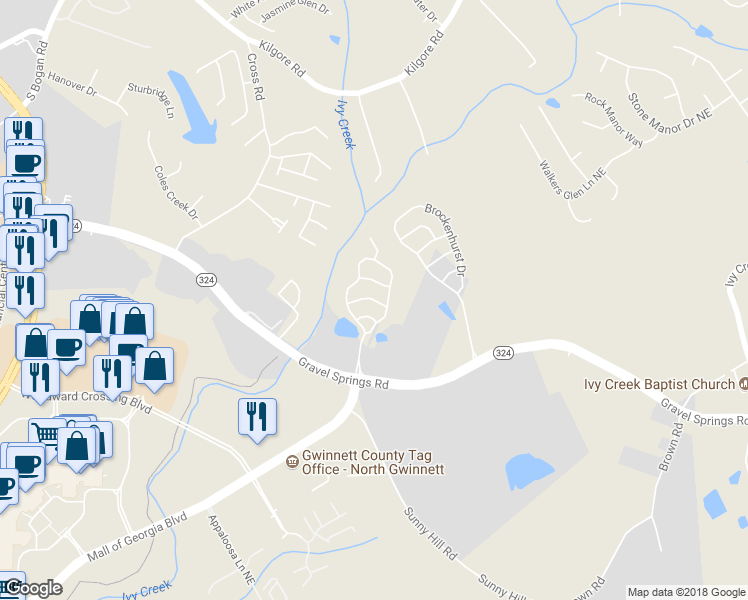 map of restaurants, bars, coffee shops, grocery stores, and more near 2165 Spikerush Way in Buford