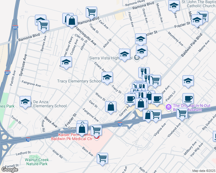 map of restaurants, bars, coffee shops, grocery stores, and more near 13350 Tracy Street in Baldwin Park