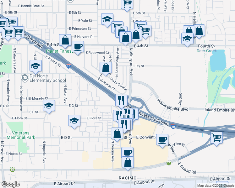 map of restaurants, bars, coffee shops, grocery stores, and more near 1822 East Granada Court in Ontario