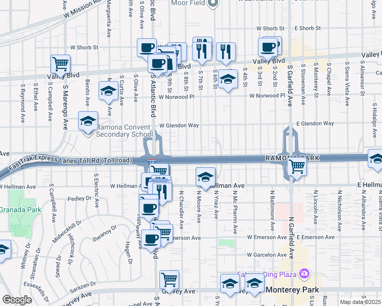 map of restaurants, bars, coffee shops, grocery stores, and more near 1841 South 7th Street in Alhambra
