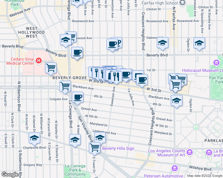 map of restaurants, bars, coffee shops, grocery stores, and more near 8307 Blackburn Avenue in Los Angeles