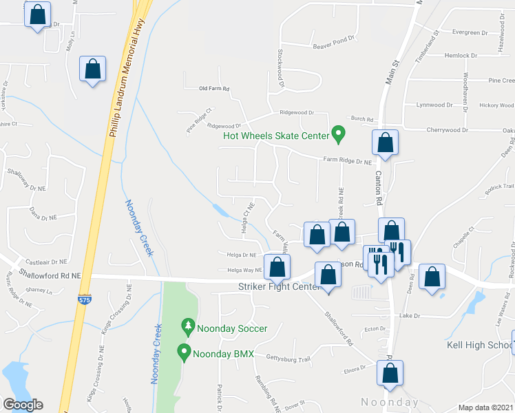 map of restaurants, bars, coffee shops, grocery stores, and more near 5014 Helga Ct NE in Woodstock