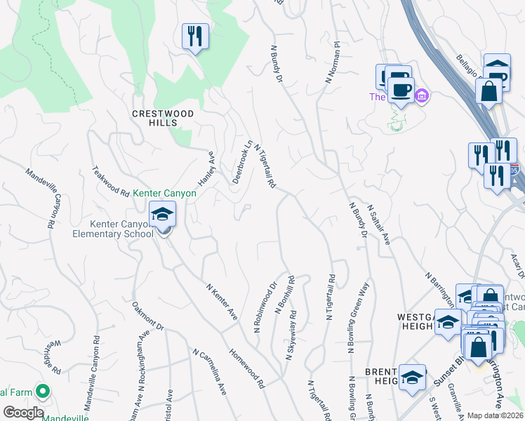 map of restaurants, bars, coffee shops, grocery stores, and more near 765 North Bonhill Road in Los Angeles