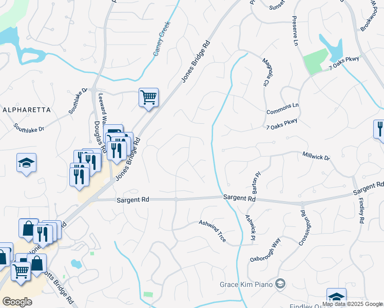map of restaurants, bars, coffee shops, grocery stores, and more near 11935 Lexington Woods Drive in Alpharetta