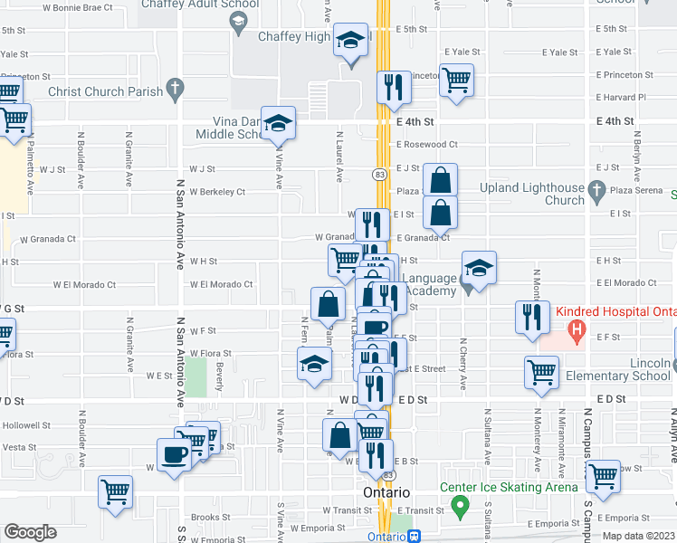 map of restaurants, bars, coffee shops, grocery stores, and more near 227 West H Street in Ontario