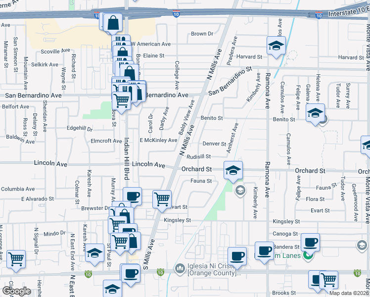 map of restaurants, bars, coffee shops, grocery stores, and more near 9993 North Mills Avenue in Montclair
